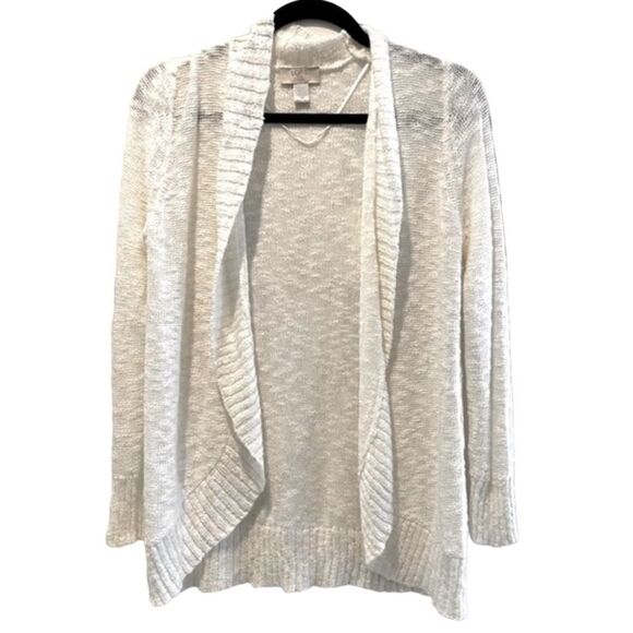 LOFT Open Waterfall Front Long Sleeve Cream Sweater Petite Medium - Picture 1 of 4